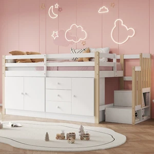 Kinderbett Hausbett 90X200 Cm Hochbett Mit Treppe Und Unterbett Stauraum Weiß - Bild 1 von 10