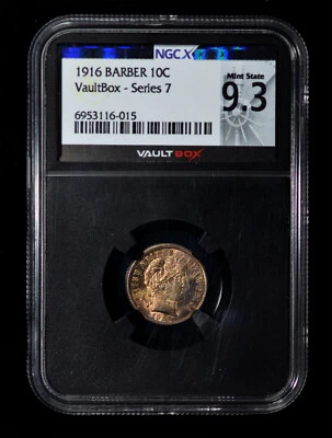 NGC Vault Box 9.3 (MS63) 1916 Barber Dime Silver 10 Cents - toned! Series 7 - Image 1 of 4