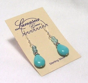 LUNASEA TREASURES CHALK TURQUOISE GEMSTONE BEAD STERLING SILVER DANGLE EARRINGS - Picture 1 of 3