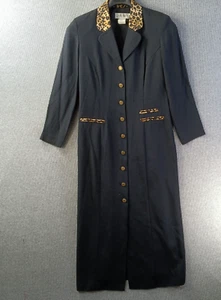 Dani Max Dress Women 12 Black Animal Print Accented Trim Long Full Front Button - Picture 1 of 15
