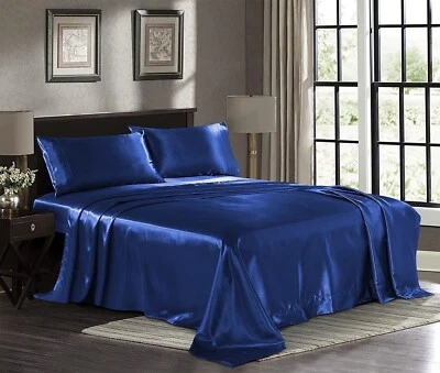 Navy Blue Full Size Satin Silky Sheet Set With Pillowcase Microfiber Deep Pocket - Image 1 of 4