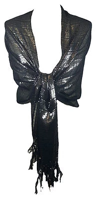 Superbe Elegant Pour Femmes Noir Paillettes Écharpe Étole Pashmina Enveloppant - Photo 1/3