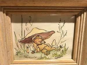 Original Watercolor Art Elf Pixie Sleeping under Mushroom SG Norriss Wood Frame - Picture 1 of 6