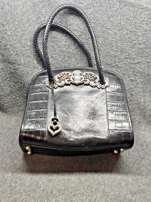 Brighton Chantilly Black Leather Croc Satchel Handbag PurseTote W/Charm No Strap - Image 1 of 4