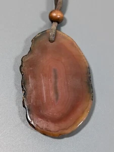 Agate Stone Slice Pendant Brown Leather Cord Adjustable Amber Color Boho 30 in - Picture 1 of 8