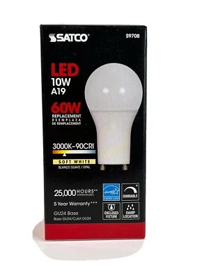 Satco S9708 10W =60W Dimmable A19 LED Bulb 120V 30K Warm White Frosted GU24 Base - Image 1 of 4