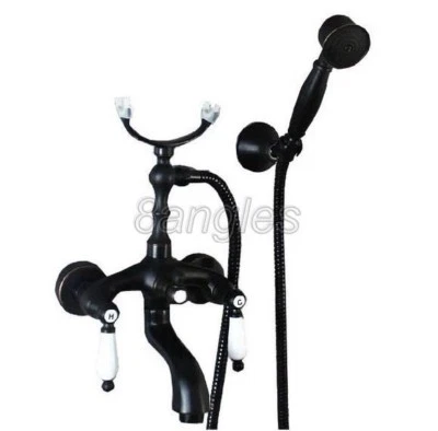 Black Brass Bathroom Bathtub Faucet Dual Handles Telephone Style Wall Mounted - Image 1 of 3