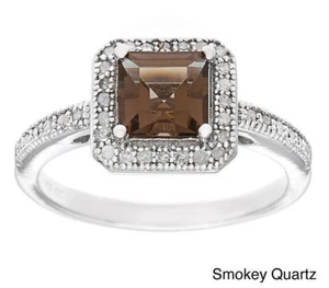 1.70ct Princess-Cut Smoky Quartz and Pave Diamond Halo Ring in Sterling Silver - Picture 1 of 1