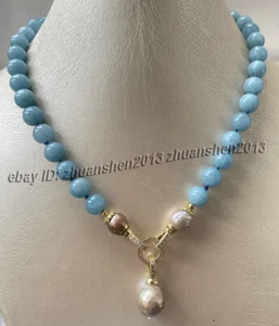 10mm Round  Aquamarine Gems Beads Colorful Baroque Pearl Pendant Necklace 18"AAA - Picture 1 of 7