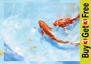 Golden Koi Pair 5"x7" Print on Matte Paper | Serene Water Dance Oil Painting Art - Picture 1 of 17