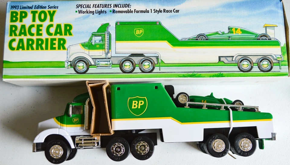 VINTAGE 1993 BP TOY RACE CAR CARRIER TRUCK TRAILER - Limited Edition Series