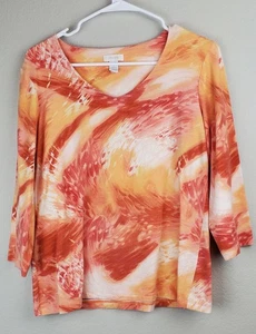 Chico's Women's Size 1 /Medium Orange Swirl Shirt Top 3/4 Sleeves - Picture 1 of 8