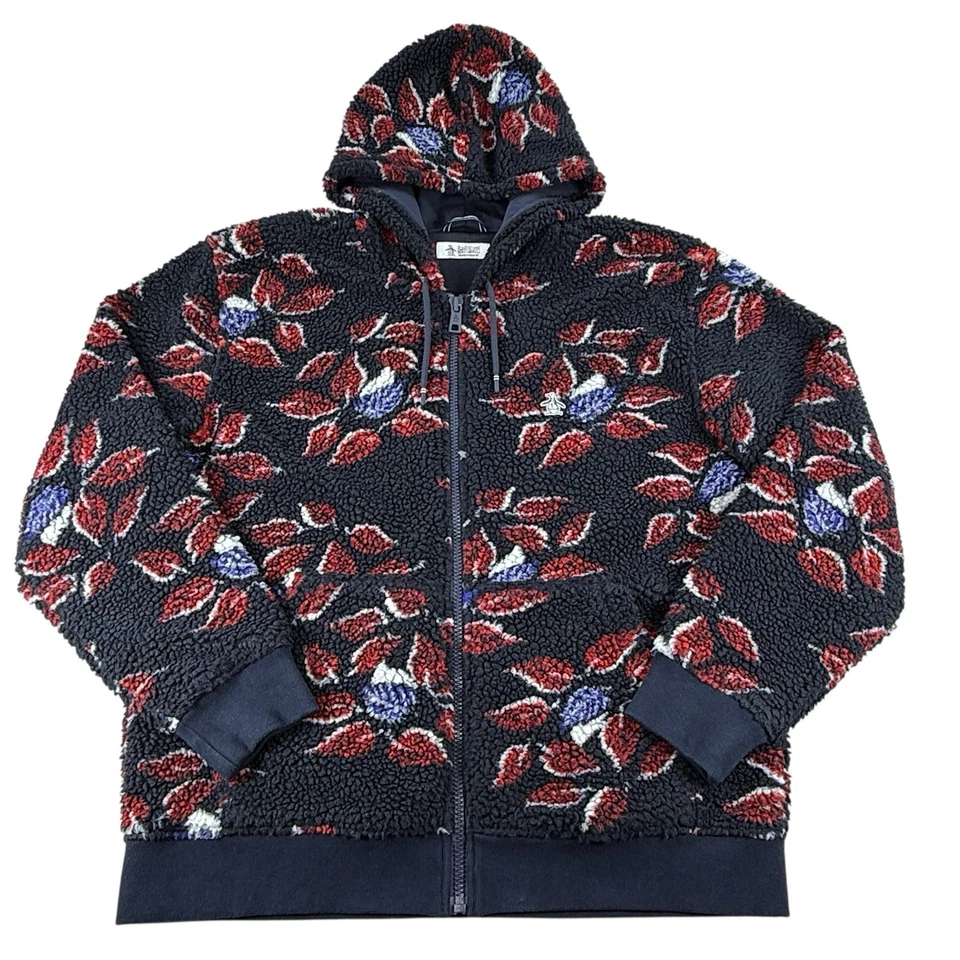 Original Penguin Sherpa Fleece Hoodie Mens XL Blue Red White Leaves Lined Zipper - Image 1 of 4