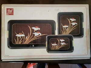 Vintage Japanese Nesting Lacquerware Trays Set Of 3 Floral New In Box! - Bild 1 von 9