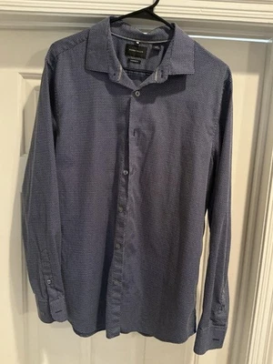 Camisa social masculina Perry Ellis azul escura manga longa abotoada tamanho G 100% algodão - Imagem 1 de 3