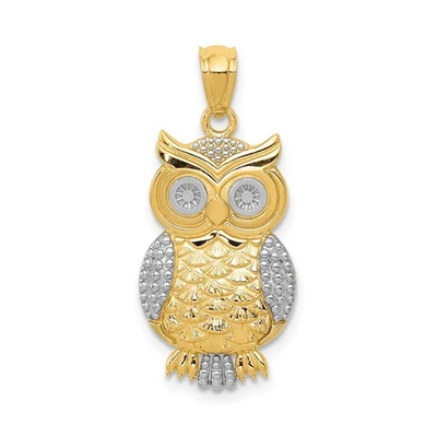 14k Yellow Gold Rhodium Owl Pendant for Women Textured Animal Symbolic Charm Foto 1 de 4