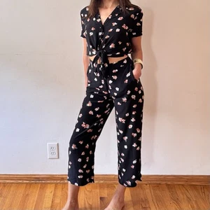 Pinko Silk Jumpsuit, Black, Pink Floral, Button-Up Top Tie Closure, Zip Pants, 4 - Picture 1 of 17