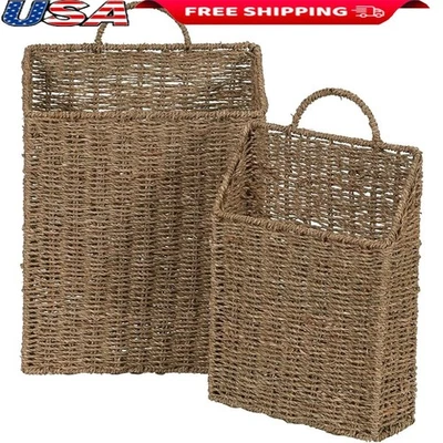 Wicker Hanging Baskets Set Handwoven Storage Baskets Rectangular Metal Frame New - Image 1 of 4