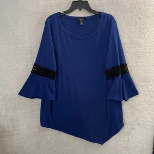 ALYX Womans Blouse Top Solid Blue Plus 2X Polyester Blend 3/4 Sleeve Round Neck - Picture 1 of 7