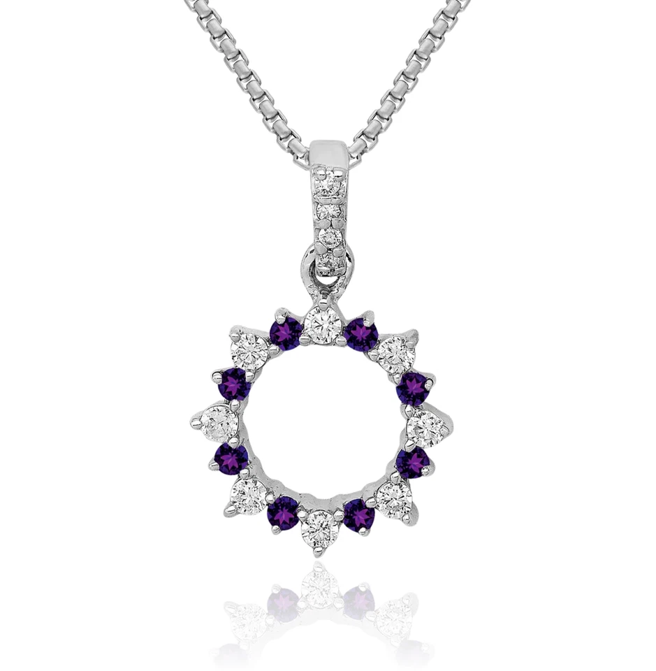 14K Solid White Gold Diamond Amethyst Round Necklace - Image 1 of 1