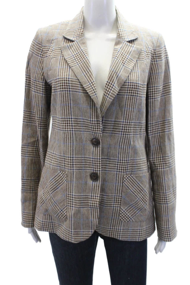 Brora Womens Two Button Notched Lapel Plaid Blazer Jacket Brown Blue Linen 10 - Image 1 of 4