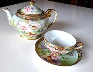 Nippon Porcelain Teapot With Cup Saucer  Floral Moriage  Blue Pagoda 20's 30's - Picture 1 of 16