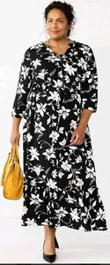 Croft & Barrow Maxi Dress 1X Womans Plus BLK/WHT Floral Ruffle Hem Drawstring - Picture 1 of 6