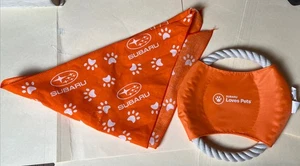 SUBARU DOG CHEW TOY & BANDANA NECKERCHIEF Pet Orange Logo Auto Car Bandanna - Picture 1 of 7