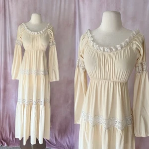 Vintage 60s 70s Prairie Dress Medium Ivory Lace Bell Sleeve Layered Cottagecore - Picture 1 of 11