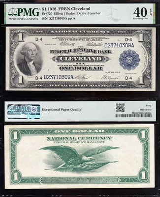 Amazing Crisp HIGH GRADE 1918 $1 Cleveland FRBN Note! PMG 40 EPQ! FREE SHIP! 309 - Image 1 of 3