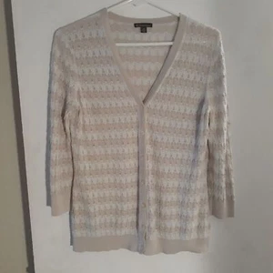 Brooks Brothers silk cotton beige white striped v-neck sweater cardigan l xl top - Picture 1 of 8