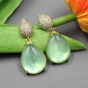 Green Crystal Mother Of Pearl Shell Cubic Zirconia Pave Stud Dangle Earrings - Picture 1 of 6