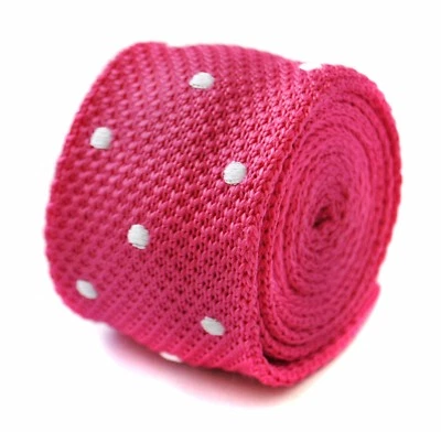 Frederick Thomas Knitted Silk Mens Tie - Bright Hot Pink - Polka Dot Wedding - Image 1 of 3