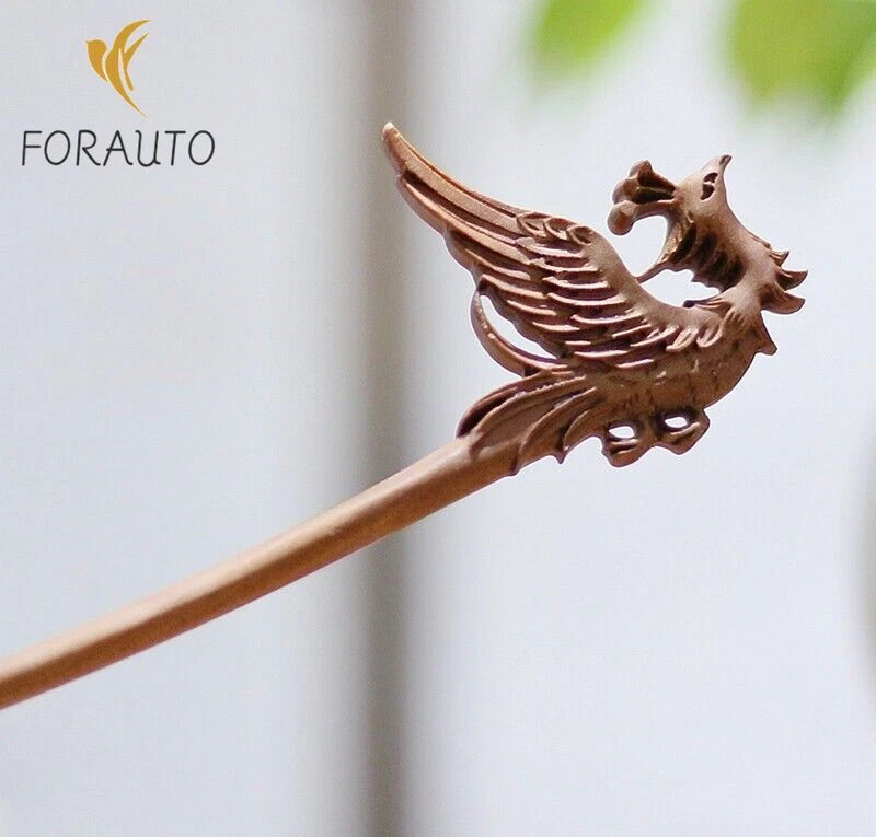 Peach Wood Carved Hair Pin Stick Phoenix Type Fork Updo Bun Outfit Decor - Image 1 of 4