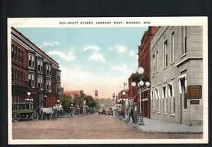 1918  WAUSAU, WI * SCOTT STREET LOOKING WEST * POSTED VINTAGE LITHOGRAPH - Picture 1 of 6