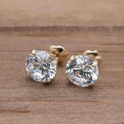 14K Yellow Gold 3Ct Round Cut Lab Grown/CVD Diamond Solitaire Stud Earring - Изображение 1 из 4