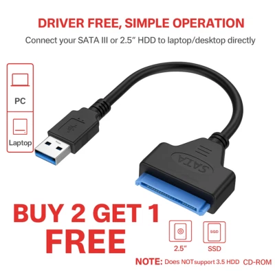 USB 3.0 to SATA 2.5" - 3.5" Hard Drive SSD HDD Adapter Converter Cable 22 Pin - Image 1 of 4