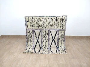 Vintage Boucherouite Area Rug 4x4 Moroccan Berber Beige Black Geometric Carpet - Picture 1 of 9