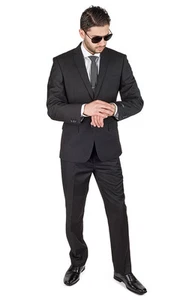 Slim Fit 2 Button Notch Lapel Flat Front Pants Business Black Suit By AZAR MAN - Picture 1 of 7