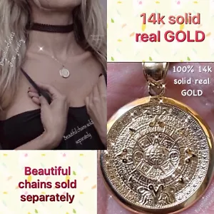 GOLd Aztec 14K pendant SOLID REAL mayan Sun calendar necklace mexic small - Picture 1 of 12
