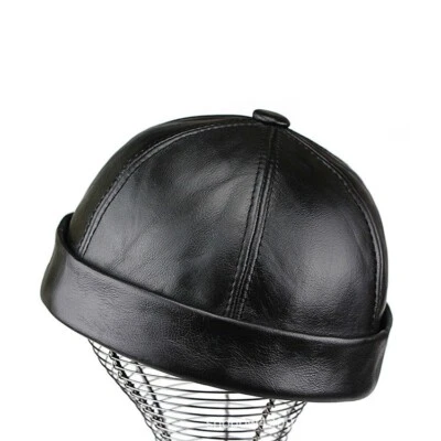 Men Women Retro Skullcap Sailor Cap Beanie PU Leather Hat Rolled Cuff Fashion - image 1 of 4