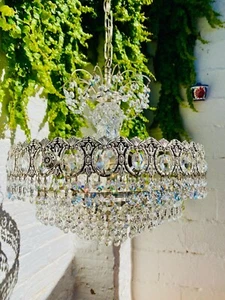 Lámpara de araña antigua de cristal de bronce plateado de 30" x 17", en niveles, francesa, italiana - Imagen 1 de 11