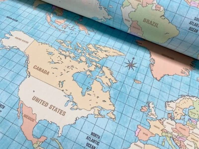 VINTAGE Weltkarte Stoff Wohndeko Vorhänge Kugeldruck 140 cm breit - Himmelblau - Bild 1 von 4