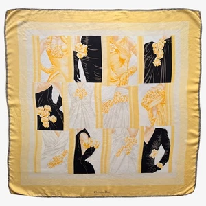 Vintage 80s Christian Dior Art Deco Wedding Dress Print Yellow Silk Scarf, Shawl - Picture 1 of 4