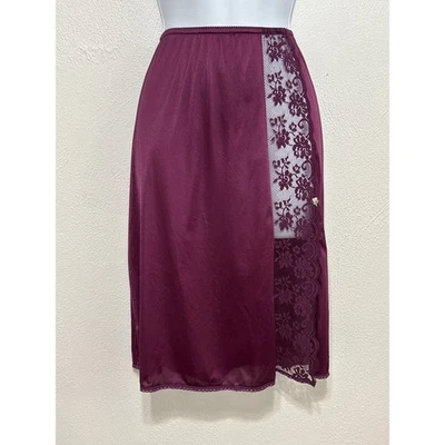 VTG Chantilly Maidenform Union made Slip Skirt Lace Font Slit M Burgundy Trendy - Image 1 of 4