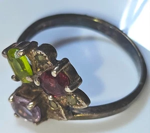 Vintage Sterling Silver Ring w/ Amethyst Peridot Garnet & Marcasite Leaves 🌿 - Picture 1 of 24