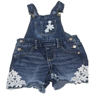 Jordache Girls Dark Denim 4T Bib Overall Shorts Flower Pattern - Picture 1 of 4