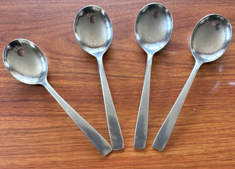 4 Vintage Stainless Soup Spoons Duchess Pattern Flatware Mid Century Modern - Image 1 of 3