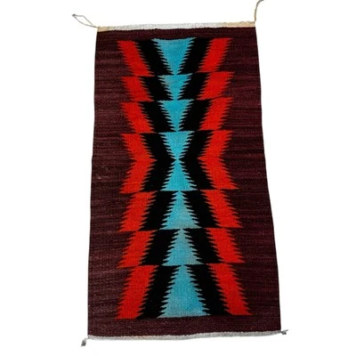 Alfombra mexicana zapoteca vintage suroeste tejida a mano 24”x39” geométrica roja azul Foto 1 de 4