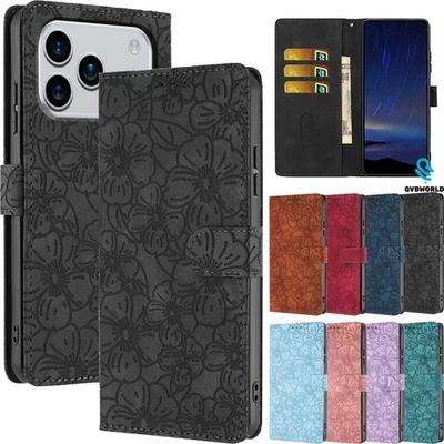 For iPhone 17 16 15 14 13 12 11 16E XS Flower Embossed Wallet Case Leather Cover - Image 1 of 4